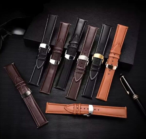 Leather Watchband Strap with Stainless Steel Butterfly Buckle