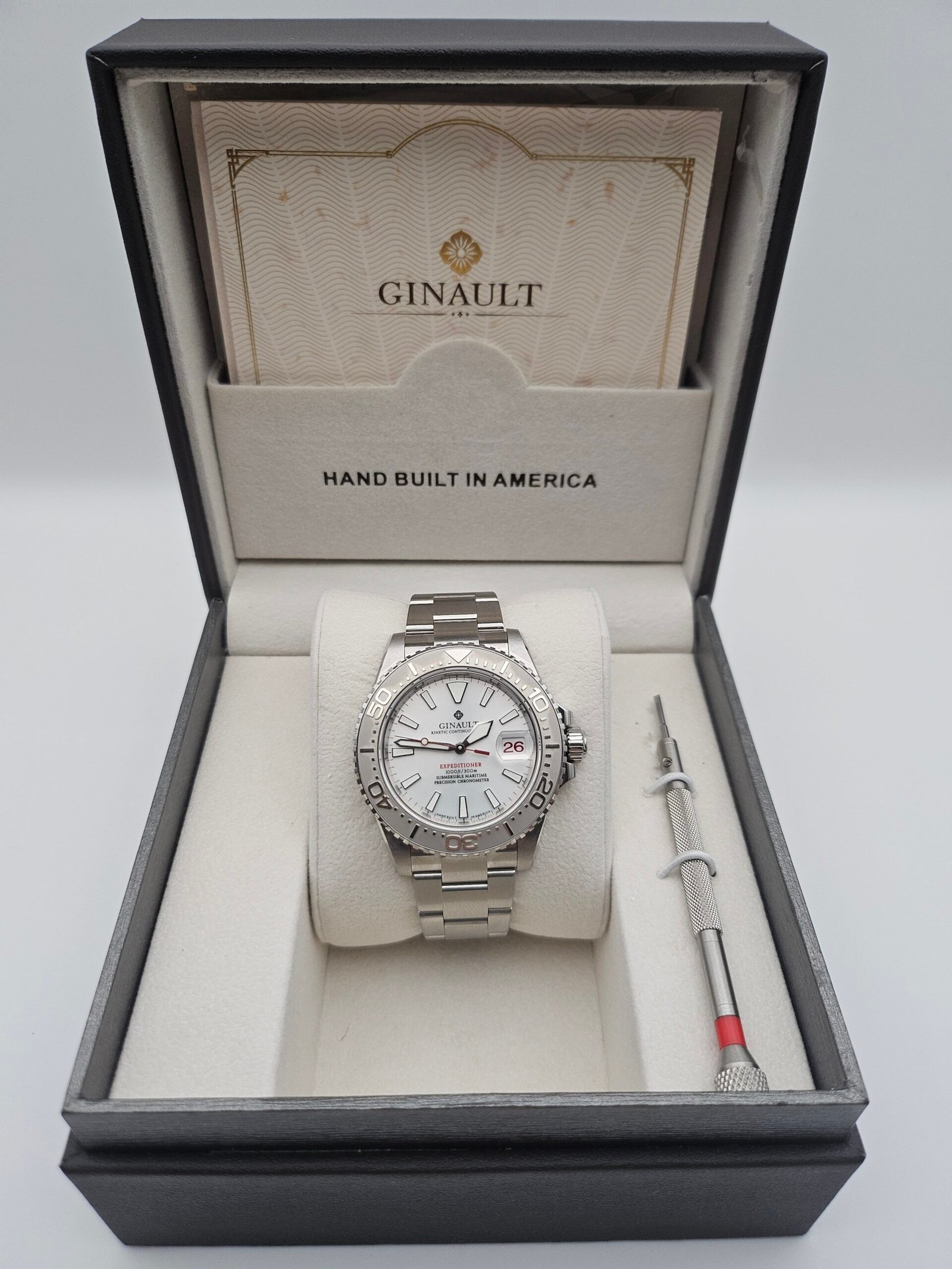 Ginault Expeditioner Pearl White Enamel, Cyclops Crystal & Fully Brushed Bracelet - Image 7