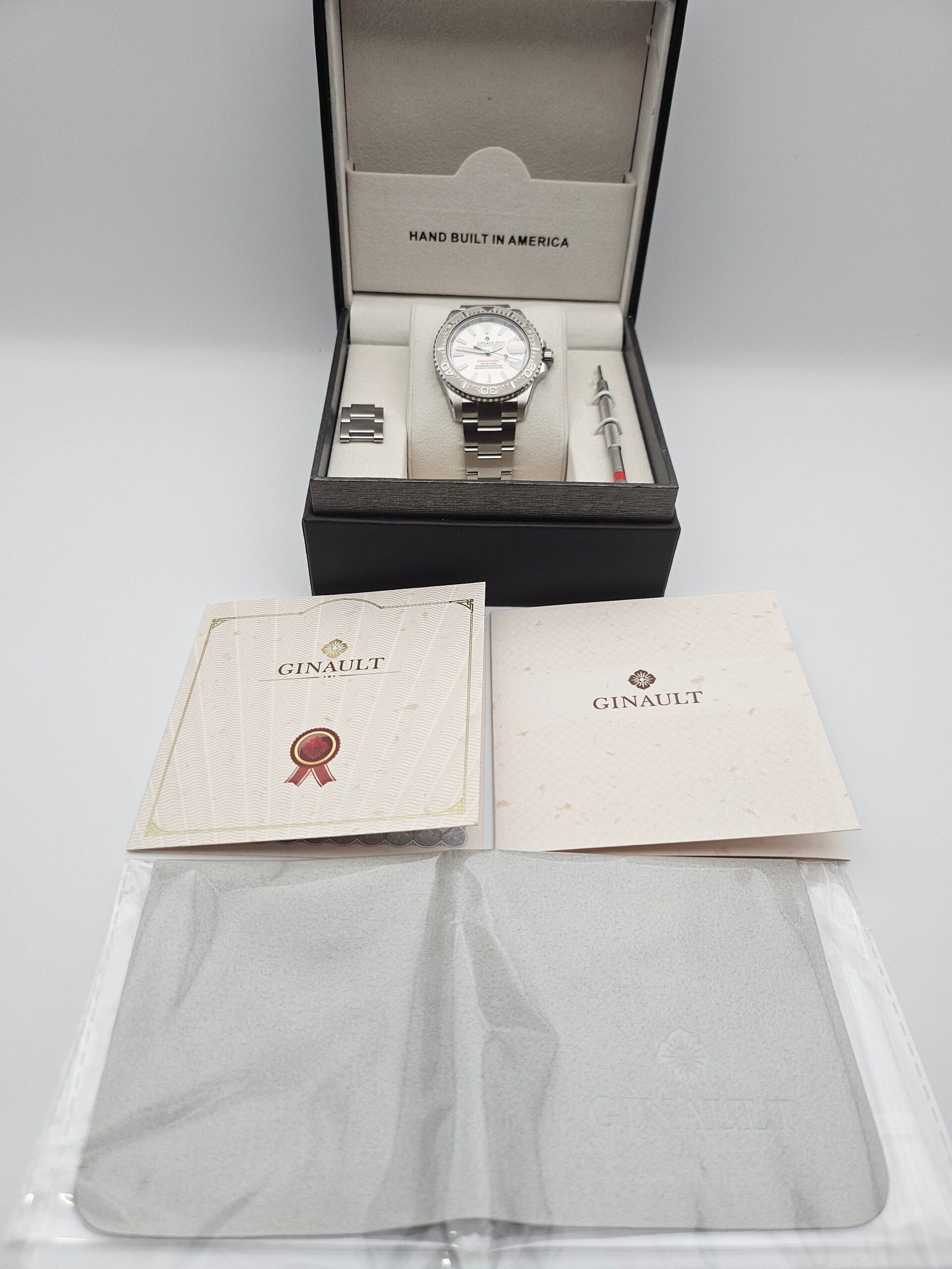 Ginault Expeditioner Pearl White Enamel, Cyclops Crystal & Fully Brushed Bracelet - Image 6