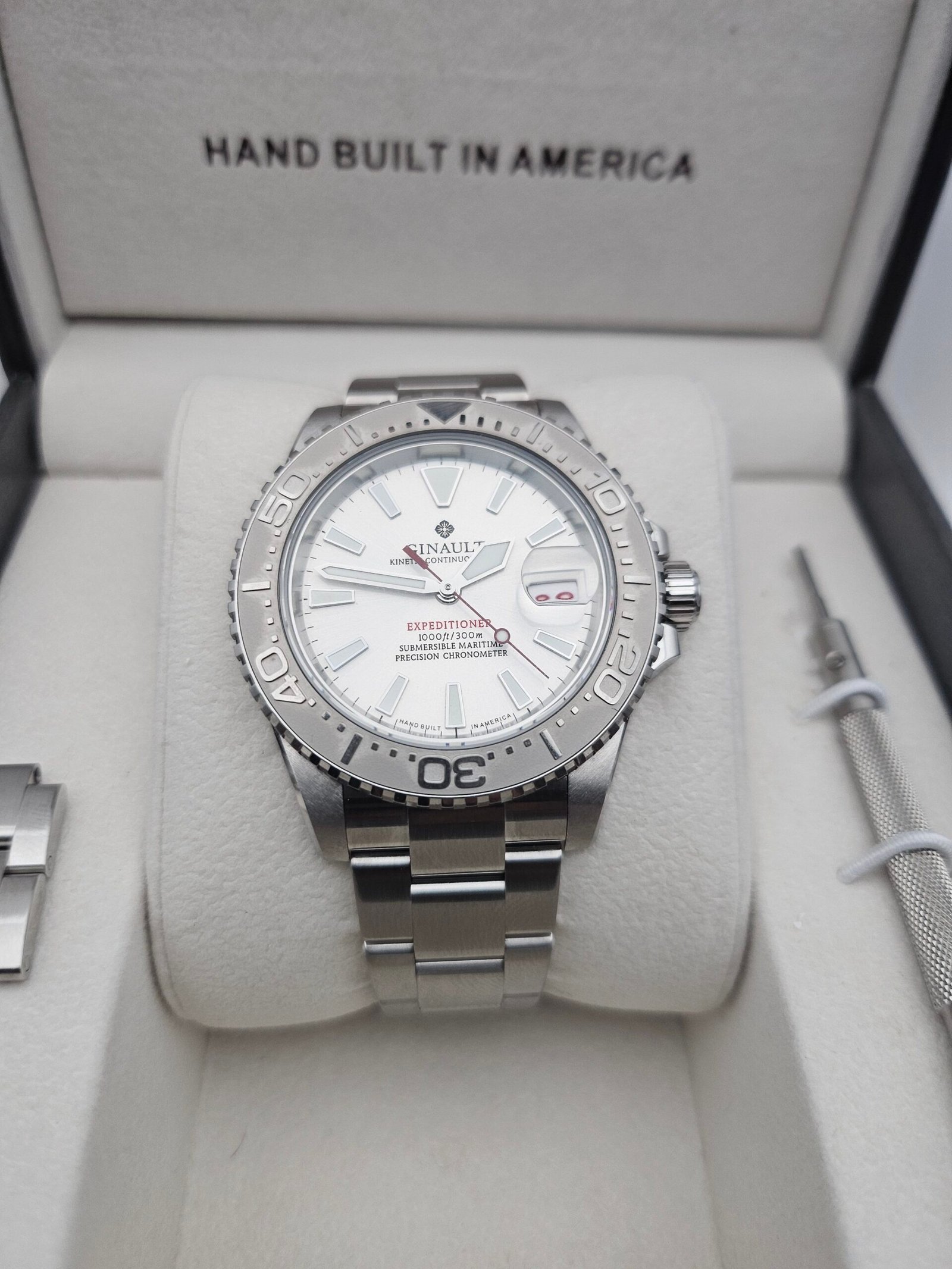 Ginault Expeditioner Pearl White Enamel, Cyclops Crystal & Fully Brushed Bracelet - Image 9