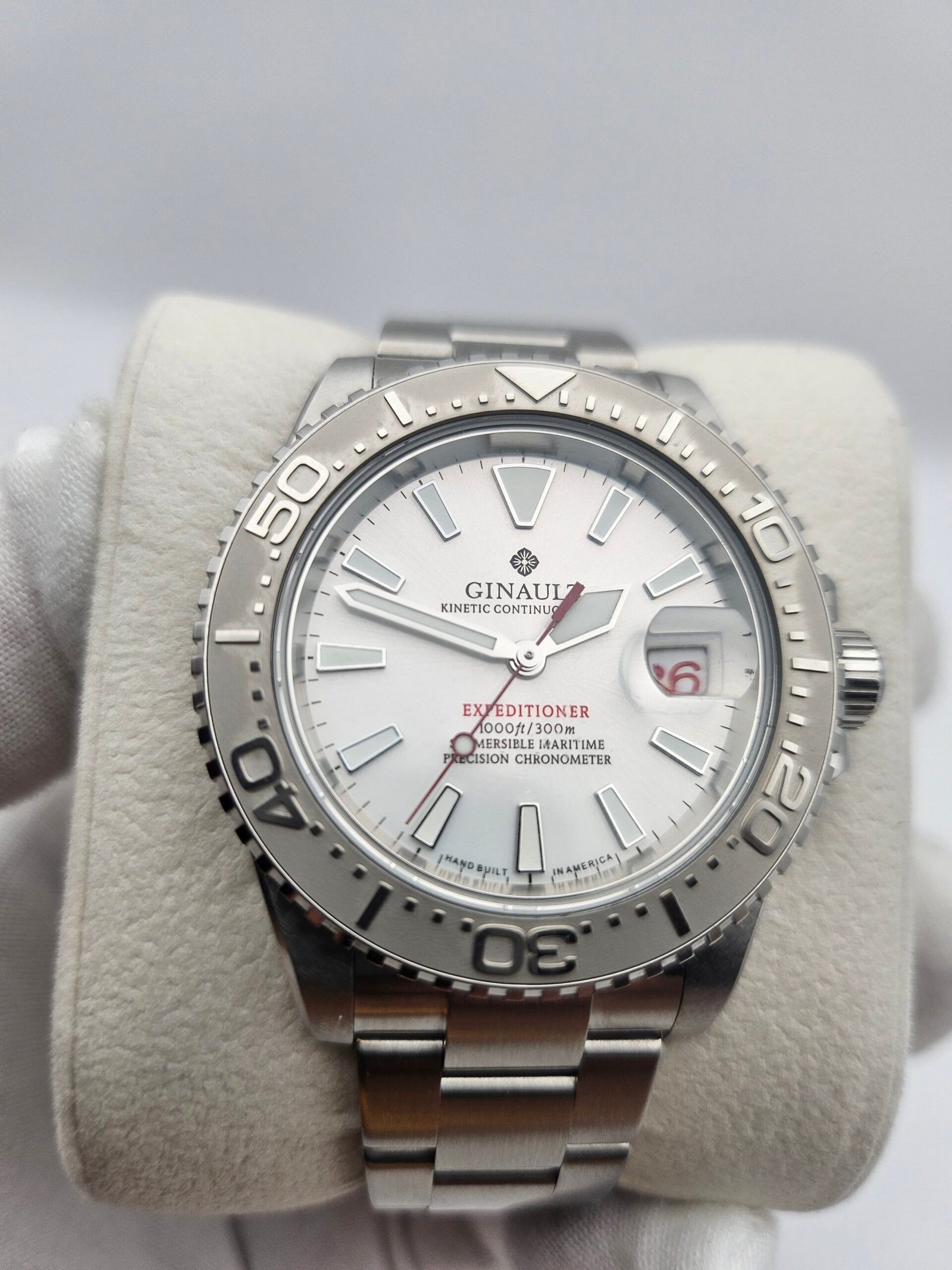 Ginault Expeditioner Pearl White Enamel, Cyclops Crystal & Fully Brushed Bracelet - Image 4