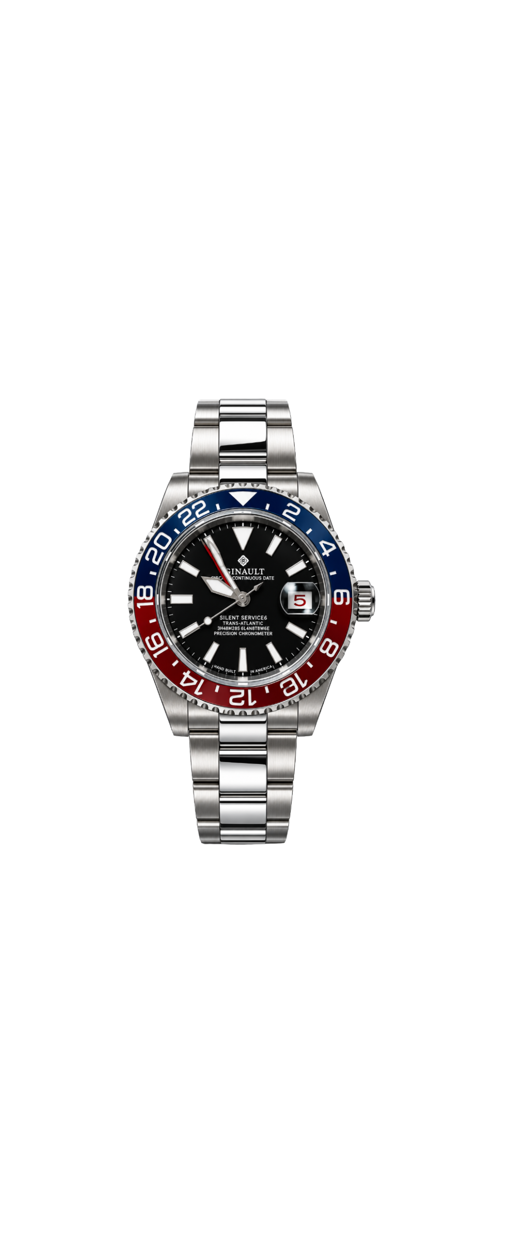 Ginault Trans-Atlantic GMT Automatic – Cyclops Crystal & Center-Polished 93030G Bracelet